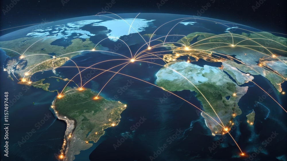 Poster illuminated network of interconnected cities spanning across continents, visualizing global trade an