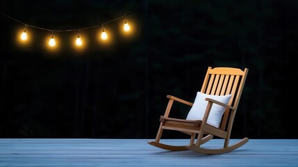 Porch with rustic wooden rocking chair, cozy atmosphere, soft lighting, inviting charm