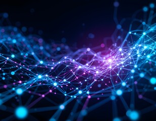 abstract technology communication background with glowing network lines, circuit patterns, and dynamic gradients in blue, purple, and teal tones