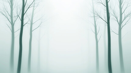 Fog shrouding bare trees in a desolate forest creating a mysterious atmosphere. Ideal for backraund , web design, social media, copy space