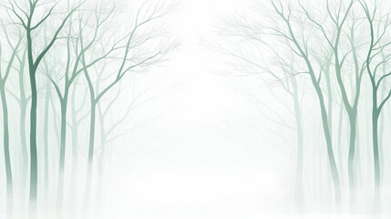 Fog enveloping bare trees in a desolate forest creating a lonely atmosphere. Ideal for backraund , web design, social media, copy space
