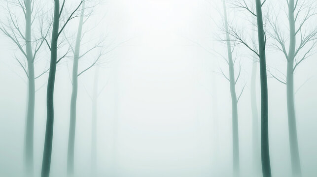 Fog shrouding bare trees in a desolate forest creating a mysterious atmosphere. Ideal for backraund , web design, social media, copy space