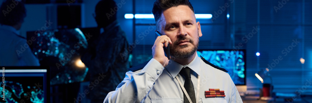Aufkleber header of confident mature male officer standing in front of camera in military command center and t