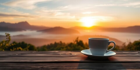 Obraz premium Beautiful Landscape with Sunrise Over Mountains and a Warm Cup of Coffee on a Wooden Table, Perfect for Relaxation and Morning Inspiration