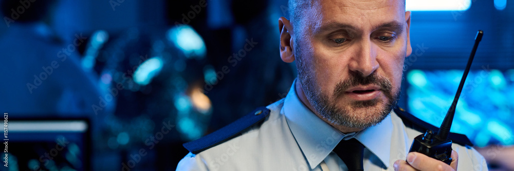 Aufkleber Header of officer or military command center worker with walkie-talkie and tablet reporting situation on location of army forces
