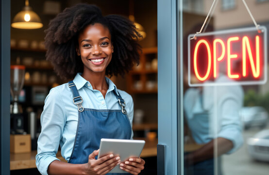 Happy African American woman entrepreneur stands at coffee shop door wearing apron. Holds tablet, smiles warmly. Small business owner in modern eatery. Business success. Working in cafe. Friendly