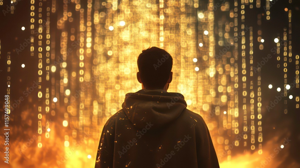 Poster young man in hoodie facing digital matrix of binary code