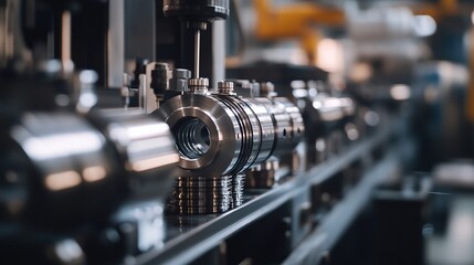 Fototapeta premium Machines fabricating parts on an industrial assembly line in a factory.