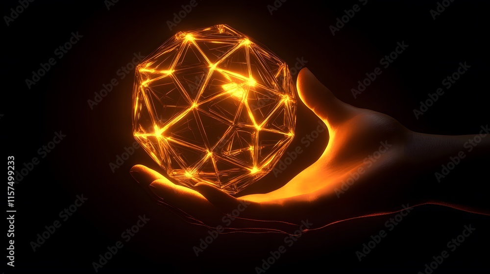 Poster creating dynamic light patterns with a handheld geometric shape studio digital art dark environment 