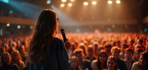 Woman speaks to large audience. Public speaker holds microphone confidently. Event presentation in progress. Many people listen attentively. Inspiring atmosphere. Leadership, communication concepts.
