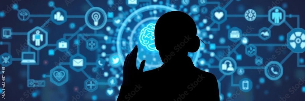 Poster silhouette of a person engaging with digital interfaces representing data, technology, and connectio