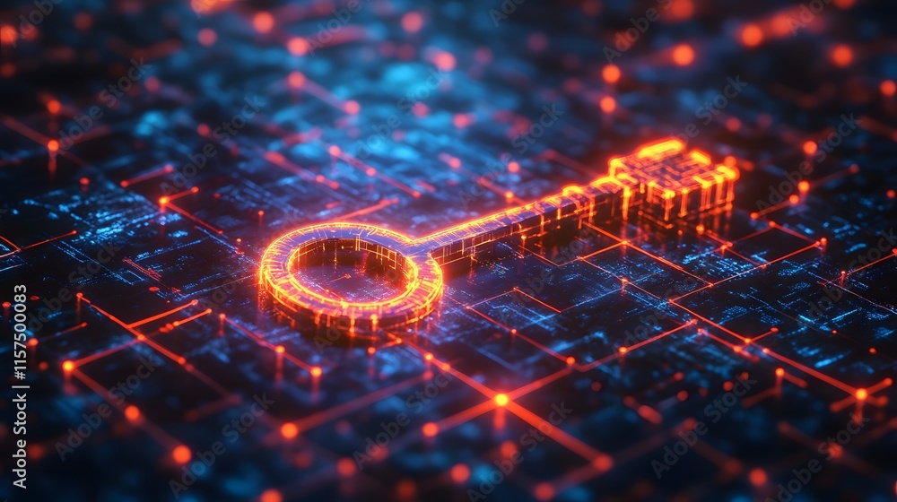 Poster unlocking digital security a glowing key over a tech-inspired background in a futuristic environment