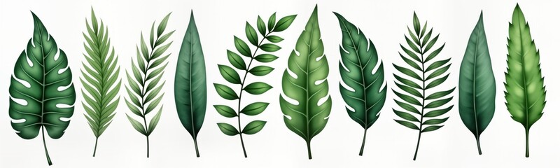 Elegant tropical leaves in vibrant green hues. Different types of leaves shown in botanical illustration style. Leaves isolated on transparent background. Great for various design projects like wall