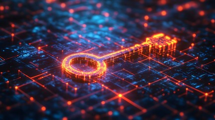 Unlocking digital security a glowing key over a tech-inspired background in a futuristic environment