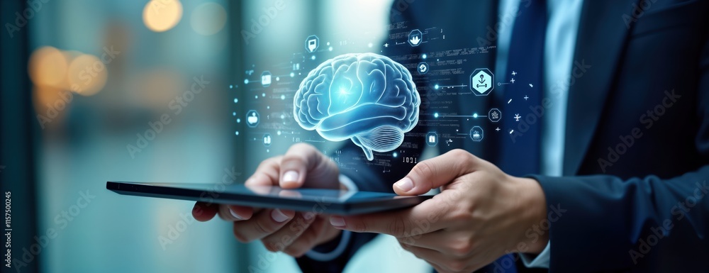 Poster Businessman interacts with digital brain representation on tablet. AI tech displayed. Global network connection shown. Working on AI project. Futuristic business concept. Modern tech tools. Digital