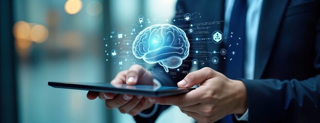 Businessman interacts with digital brain representation on tablet. AI tech displayed. Global network connection shown. Working on AI project. Futuristic business concept. Modern tech tools. Digital
