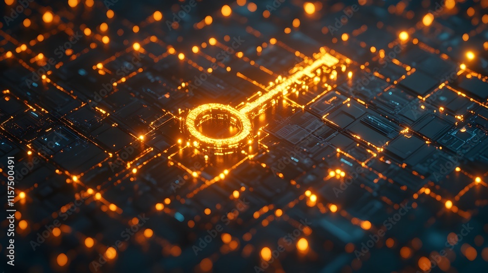 Poster digital key symbolizing security and access futuristic environment 3d visualization technology conce