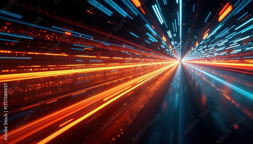 Fototapete abstract futuristic image shows high-speed motion, data transfer. bright light trails create tunnel 