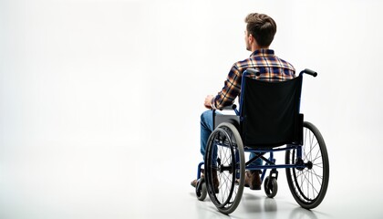 Young man sits in wheelchair. Looking away. Disability concept image. Isolated on white background. Modern design. Accessible technology. Man wearing casual clothes. Illustration of person with