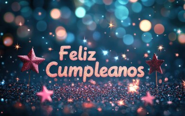 Sparkling Feliz Cumpleanos: A Festive Birthday Greeting Card Design with Glittering Stars and Bokeh Lights