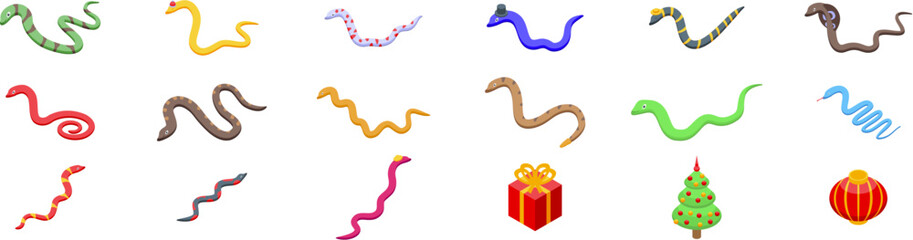 Cute funny snakes icons set. Colorful snake icons slithering alongside christmas tree, gift, and lantern, celebrating festive season