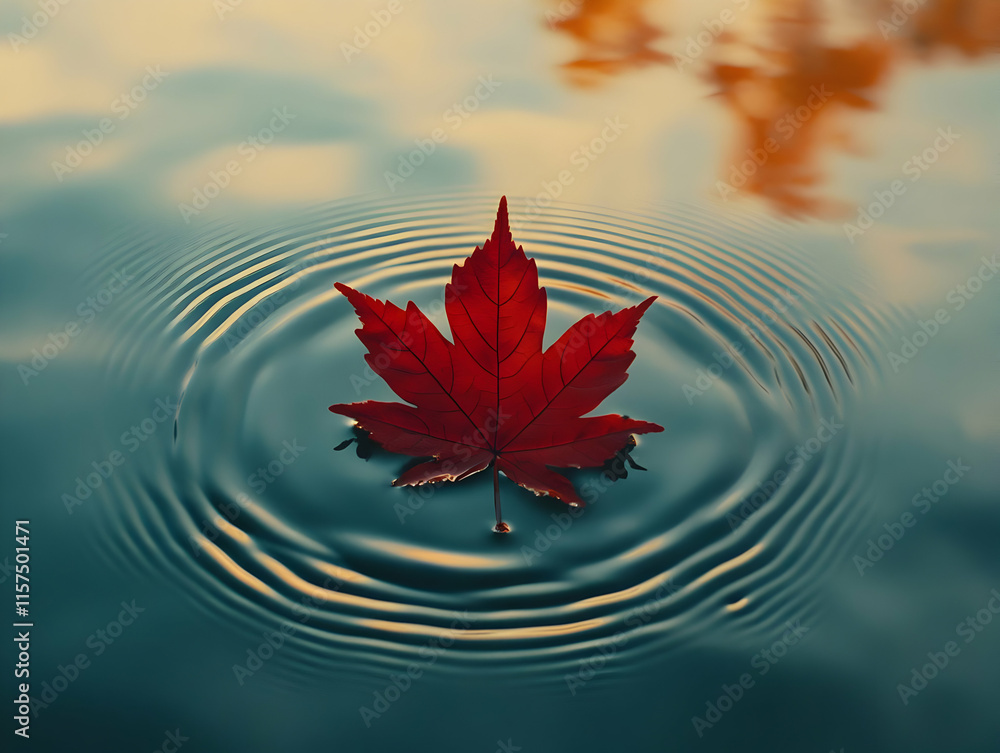 Poster single red maple leaf floats on calm water, creating concentric ripples.