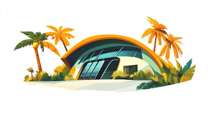 Obraz premium Modern Tropical Architecture with Curved Roof Surrounded by Lush Greenery and Palm Trees Creating a Bright and Inviting Atmosphere Ideal for Tropical Getaways