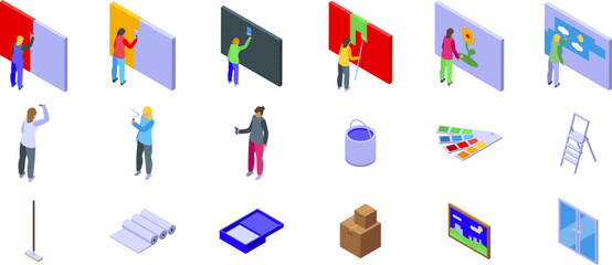Woman wall painting icons set. Isometric icons showcasing painters working, using various tools and materials for interior decoration