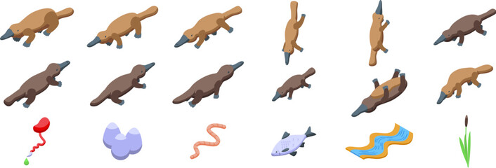 Duck-billed platypus icons set. Set of isometric platypus icons showcasing various poses, diet, and natural habitat elements