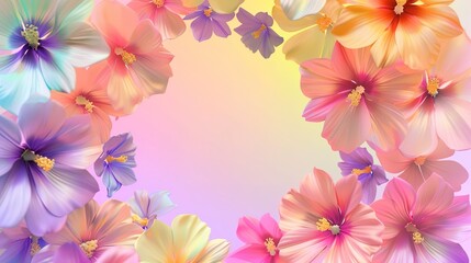 Floral frame in vibrant colors with holographic reflections and a blank yellow center, ideal for invitations, flyers, mockups, greeting cards, and promotional designs.

