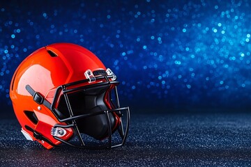 Red Protective Football Helmet on Blue Illuminated Sports Field
