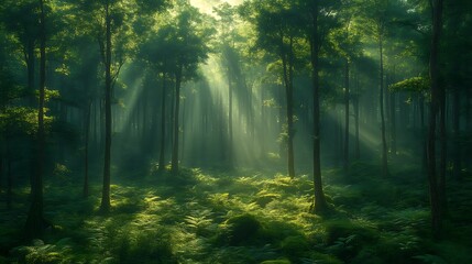 Obraz premium Sunbeams illuminating a misty green forest.