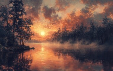 Misty Sunset over Serene Lake and Tranquil Forest: A Breathtaking Landscape Painting
