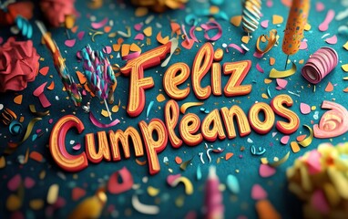 Vibrant Feliz Cumplea?os Card Festive Birthday Celebration Design with 3D Lettering and Confetti