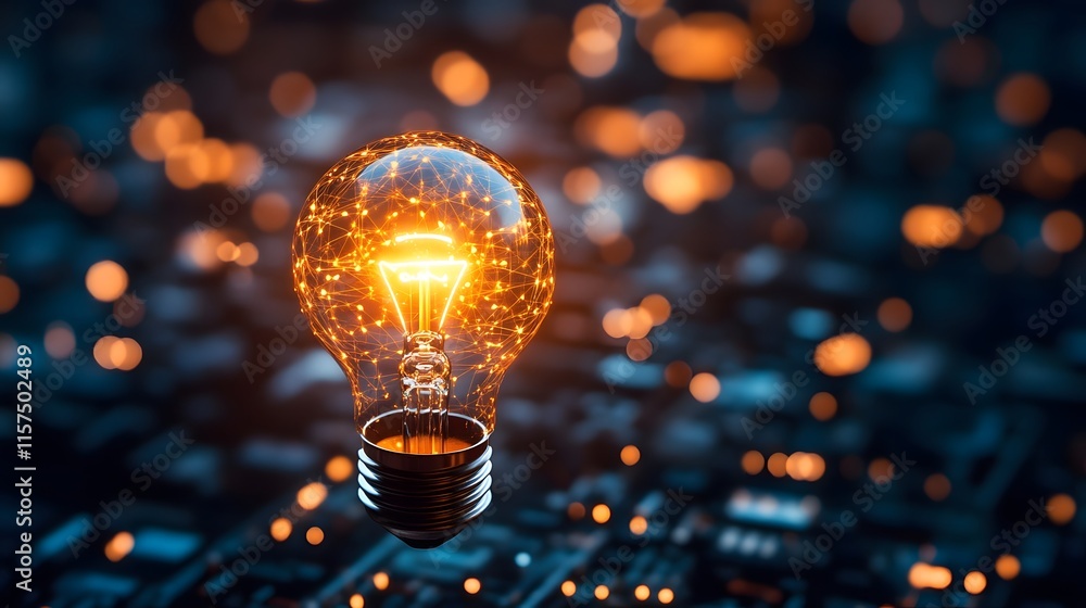 Poster illuminating innovation light bulb concept display in urban environment with abstract background