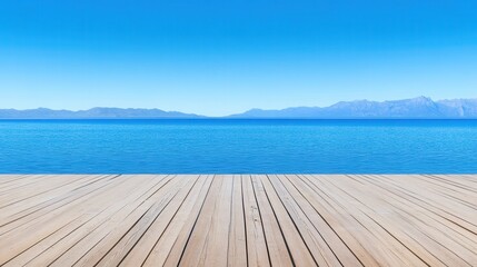 Fototapeta premium Serene Coastal View with Clear Blue Waters and Wooden Deck Perspective