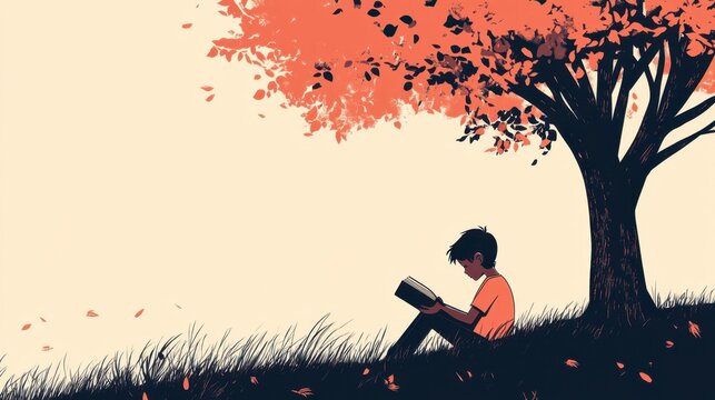 Boy Reading Book Under Autumn Tree - Peaceful Fall Scene