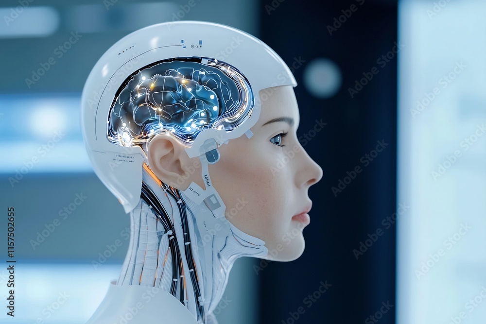 Poster futuristic intelligence brain with technological circuits and sensors revealing innovative potential