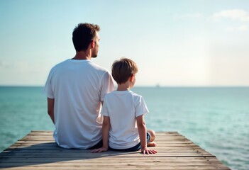 Young father, son sit on wooden pier overlooking serene ocean. Wear white t-shirts. Family enjoys...