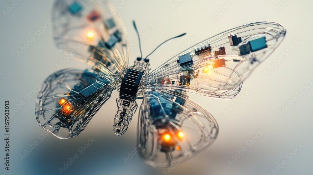 Poster butterflies with transparent wings embedded with microchips