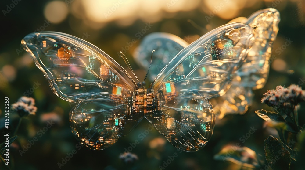 Poster butterflies with transparent wings embedded with microchips