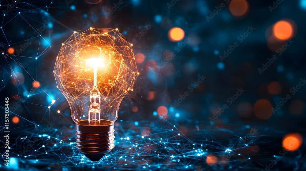 Poster illuminating concepts light bulb innovation in a digital network abstract technology environment