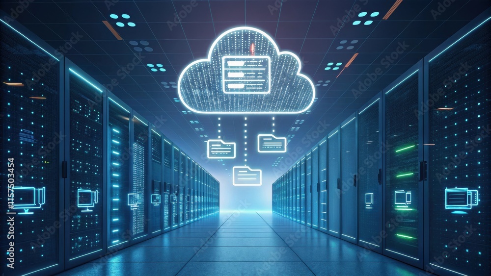 Aufkleber data transferring from a digital cloud to a server room, symbolizing cloud computing, data storage, 