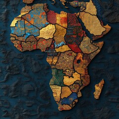 African Continent Map Artistic Representation with Intricate Textile Patterns and Diverse Colors