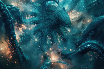 An artistic depiction of a leviathan rising from the ocean depths surrounded by glowing plankton