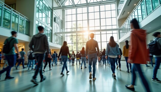 Many young people walk quickly in modern building. Students rush to classes. Large windows offer bright view of nature outside. Lively atmosphere suggests busy school day. Blurred motion emphasizes