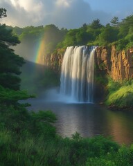 Fototapeta premium Majestic waterfall with rainbow, lush greenery, and sunlight.