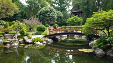 Obraz premium Tranquil Japanese Garden with Wooden Bridge Over Still Water Surrounded by Lush Greenery and Vibrant Floral Accents in Peaceful Natural Landscape