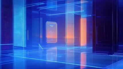 Executive strategizes with a holographic financial interface, sleek blue gradient and innovative vibe