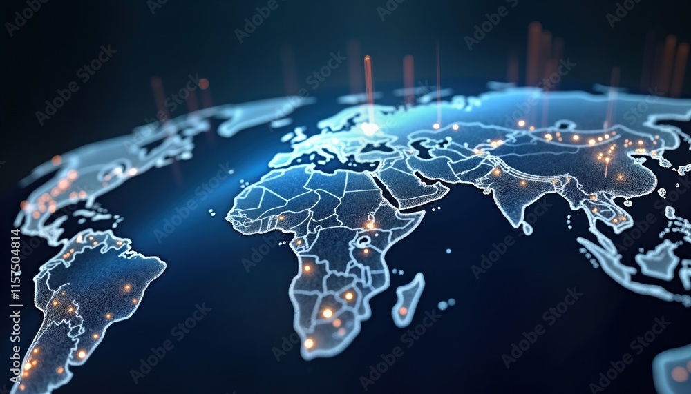 Poster global tech map visualisation. futuristic earth map shows interconnected digital network. internatio